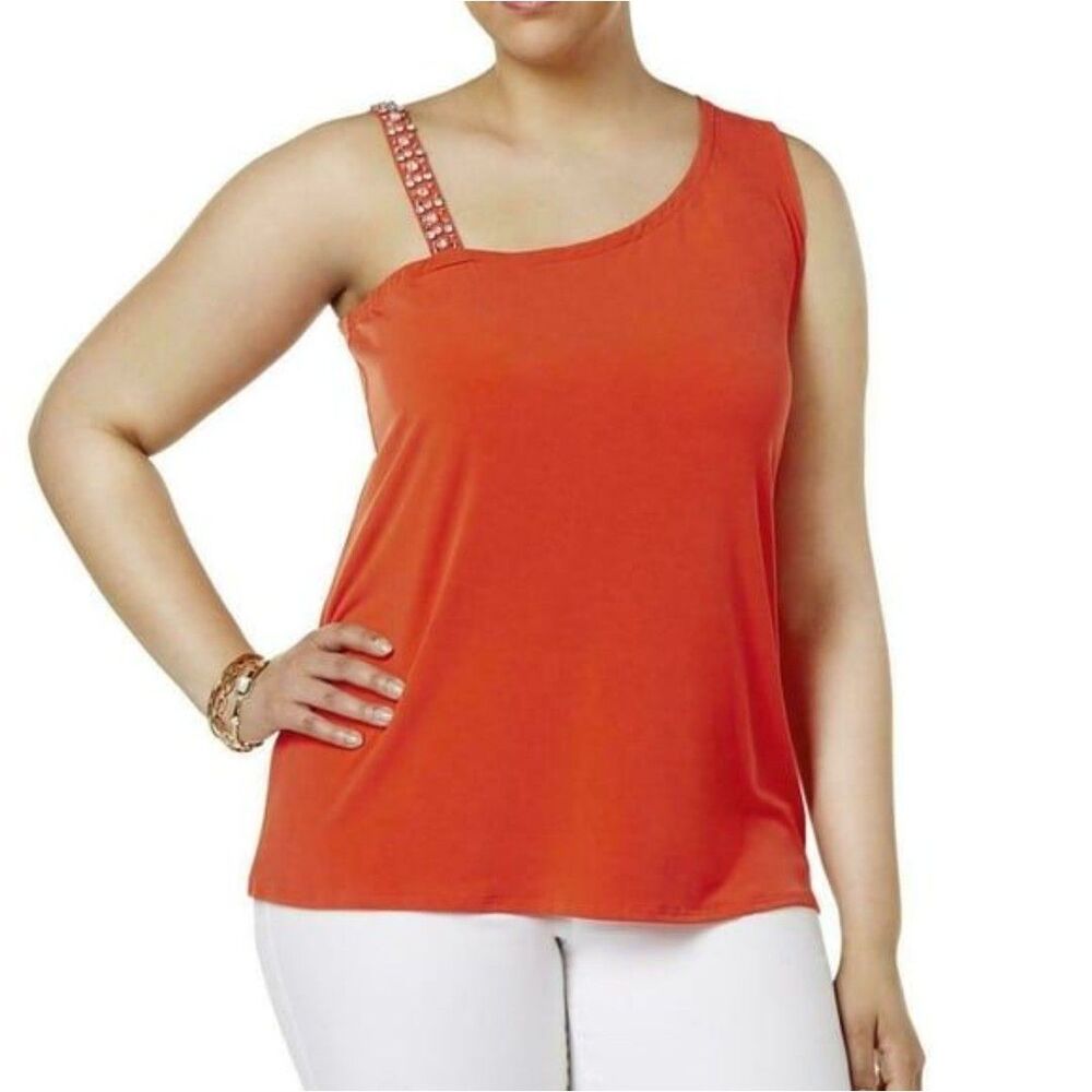 INC One Shoulder Rhinestone Top Cosmic Orange Plus Size 1X NWT